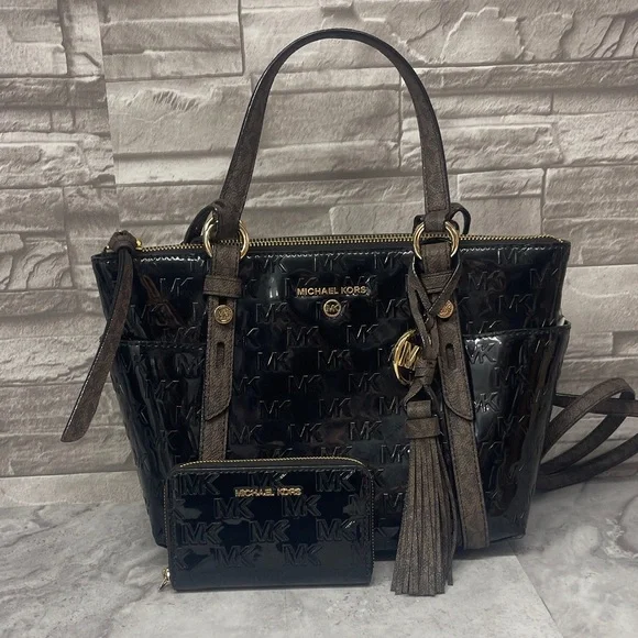 Michael Kors Sullivan Patent Leather Black and Brown Satchel Crossbody & Wallet - Picture 3 of 14